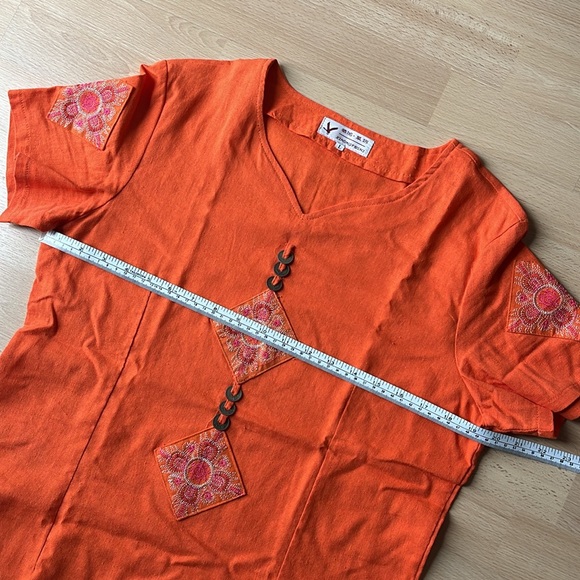 (New) Orange Linen T-Shirt - Tribal Print/Embroidery - Picture 8 of 9